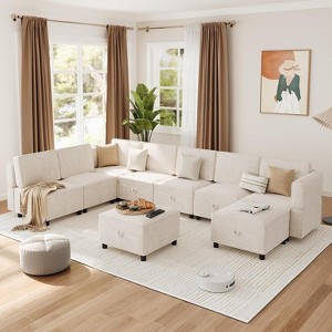 Oversized Modular Sectional Sofa, Convertible 9 Seater Sofa with Storage Seats, Upholstered Sleeper Couch for Living Room, Beige - 1 of 4