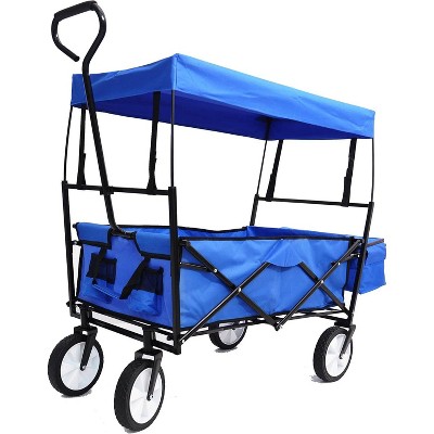 Acekool Folding Wagon Cart with Detachable Canopy, 150lb Capacity, 360° Rotating Wheels, Portable Outdoor Cart for Beach, Garden, Camping, Red