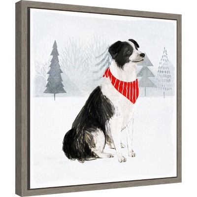 Festive Dog in Snowy Landscape Canvas Wall Art