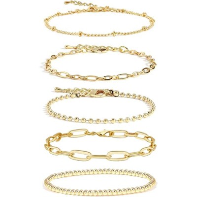 BRINJOY 14K Gold Plated Stainless Steel Bracelet Set - Waterproof Fade-Proof Hypoallergenic Stackable Chain for Women (6.9+1 inch)