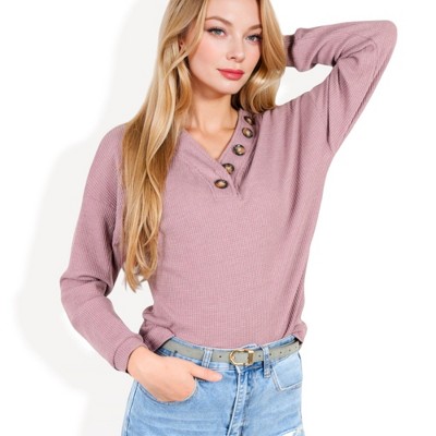 Anna-Kaci Women's Waffle Knit Button-Accent Top with V-Neck
