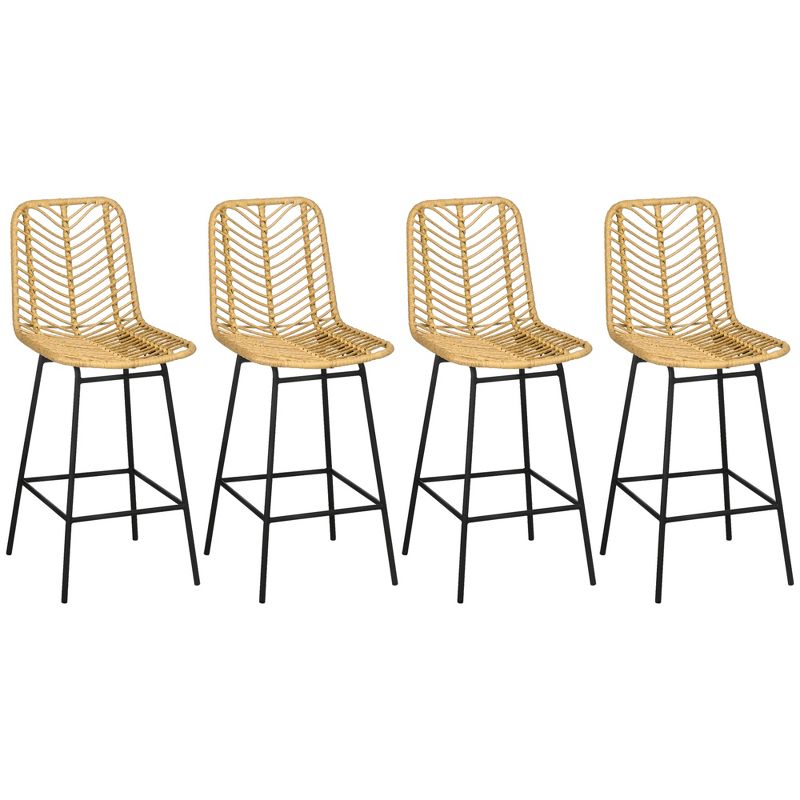 HOMCOM Modern Rattan Bar Stools Set of 4, Breathable Steel-Base Wicker Counter Height Barstools for Kitchen Counter, Yellow, 1 of 7
