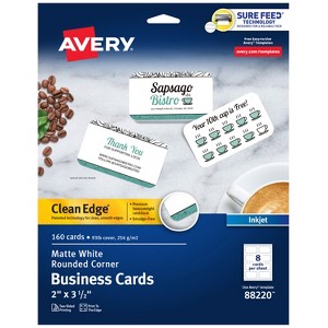 Avery Clean Edge Printable Business Cards with Sure Feed Technology, Rounded Corners, 2" x 3.5", White, 160 Blank Cards for Inkjet Printers (88220) - 1 of 4