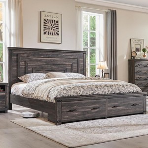 SinCiDo Farmhouse King-Sized Bed Frame 54" Headboard with 2 Large Drawers, Supported By Wooden Strips, No Spring Mattress Required, Noise Free - 1 of 4
