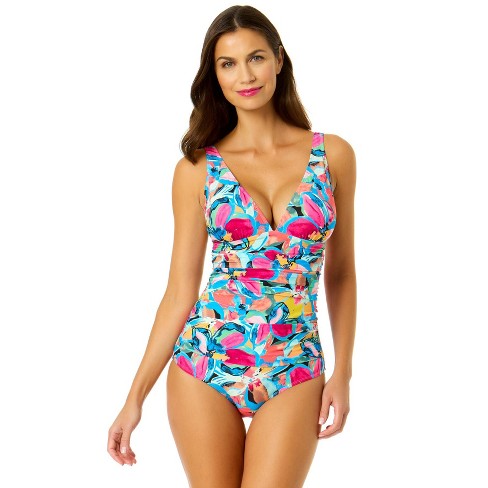 Anne Cole Women's Amalfi Floral Soft Band Shirred One Piece Swimsuit -  Multi 10 : Target