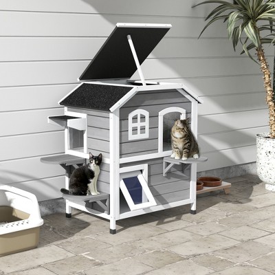 Gray and White Wooden 2-Story Outdoor Cat House with Platforms