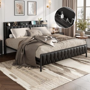 King Size Bed Frame with PU Faux Leather, Button Headboard with Charging Station, All-Metal Full Platform Bed Frame with Storage, Black - 1 of 4