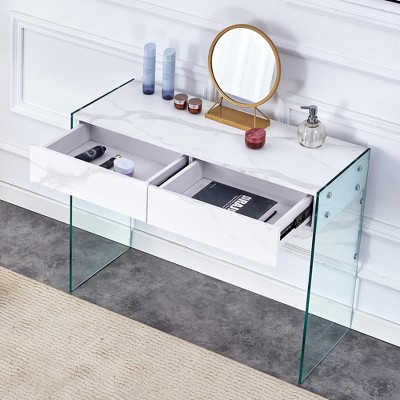 DOMETOUR White MDF Minimalist Dresser Desk with Double Drawers, Desktop Computer Table, Simple Design for Various Home Styles