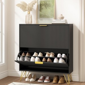 Fluted Shoe Cabinet, Narrow Shoe Storage Cabinet with 2 Flip Drawers and Open Shelf, Storage Organizer for Foyer, Hallway, Front Door - 1 of 3