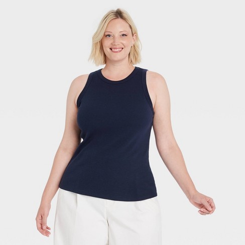Women's Slim Fit Ribbed High Neck Tank Top - A New Day™ Navy 4X