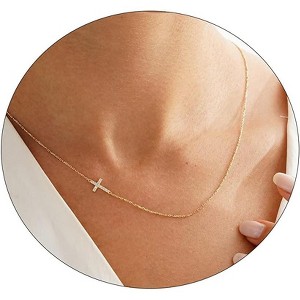 Gold Sideways Cross Necklace for Women, 14K Gold Plated Simple Everyday Choker - 1 of 4
