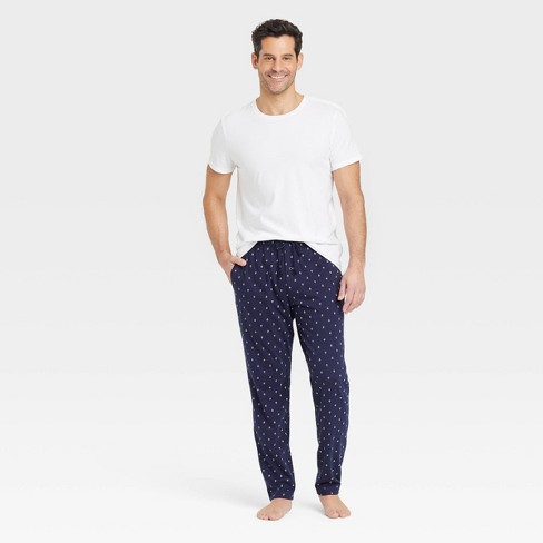 Men's Navy Print Pants With White T-shirt Knit Sleep Pajama Set 