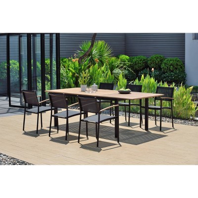 Veronica 7pc Teak Finish & Aluminum Rectangular Extendable Patio Dining Set - Black - Amazonia