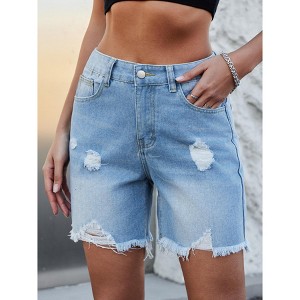 Light Blue Distressed Denim Shorts, High Waist Ripped Jean Shorts with Metal Button & Zipper - 1 of 4
