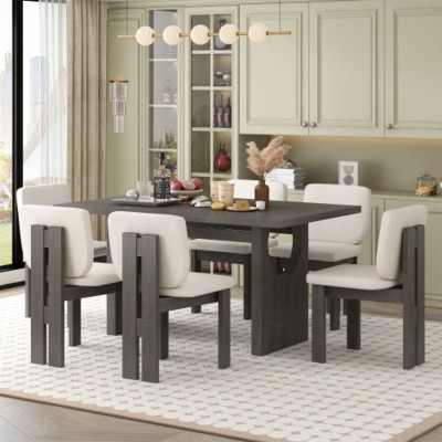 7-Piece Retro Dining Ensemble, Rectangular Table with Trestle Base and 6 Cushioned Chairs, Perfect for Dining Rooms and Kitchens