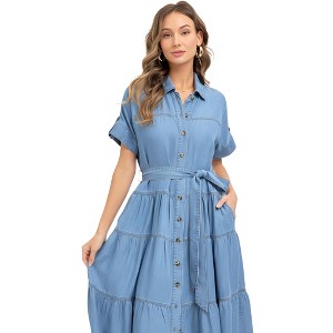 Knit & Lounge Women’s Tiered Denim Maxi Dress Short Sleeve Button Front Self-Tie Belt Pockets Relaxed Fit - 1 of 4