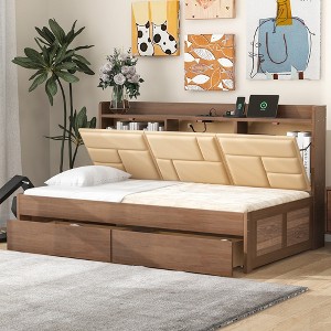 TIRAMISUBEST Twin/Full Size Wood Daybed with Upholstered Storage Shelves, USB Ports and 2 Drawers, Modern Daybed Frame Sofa Bed with Slats Support - 1 of 4