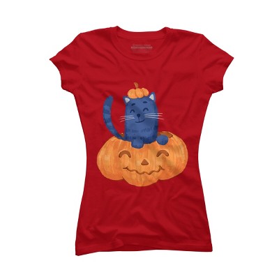 Junior's Design By Humans Halloween Cat In A Pumpkin By wubbadub T-Shirt