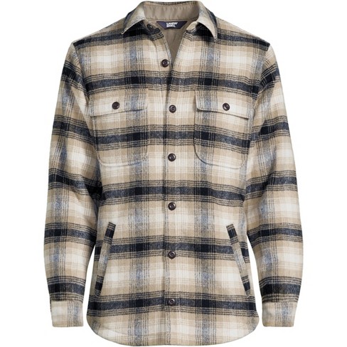 Lands End Men s Super Brushed Shirt Jacket Large Black khaki Plaid Target