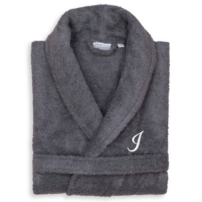 Linum Home Textiles 100% Turkish Cotton Adult Personalized Terry Bathrobe Gray in White Script Font