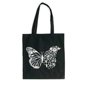 City Creek Prints Butterfly And Flowers Canvas Tote Bag - 15x16 - Black