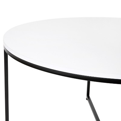 35.5" Round White Wood & Matte Black Metal Coffee Table