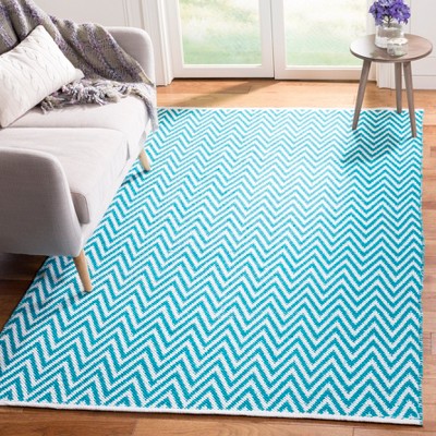 Ivory and Turquoise Chevron Handwoven Cotton Wool Rug, 5' x 8'
