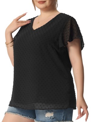 Agnes Orinda Women's Plus Size Swiss Dot V-Neck Tops with Flutter Sleeves