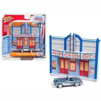 1958 Chevrolet Corvette Convertible Blue & Resin Movie Theater Facade Diorama 1/64 Diecast Model by Johnny Lightning