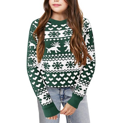Girls Christmas Pullover Sweater Holiday Knitwear Crew Neck Long Sleeve Sweater with Festive Pattern