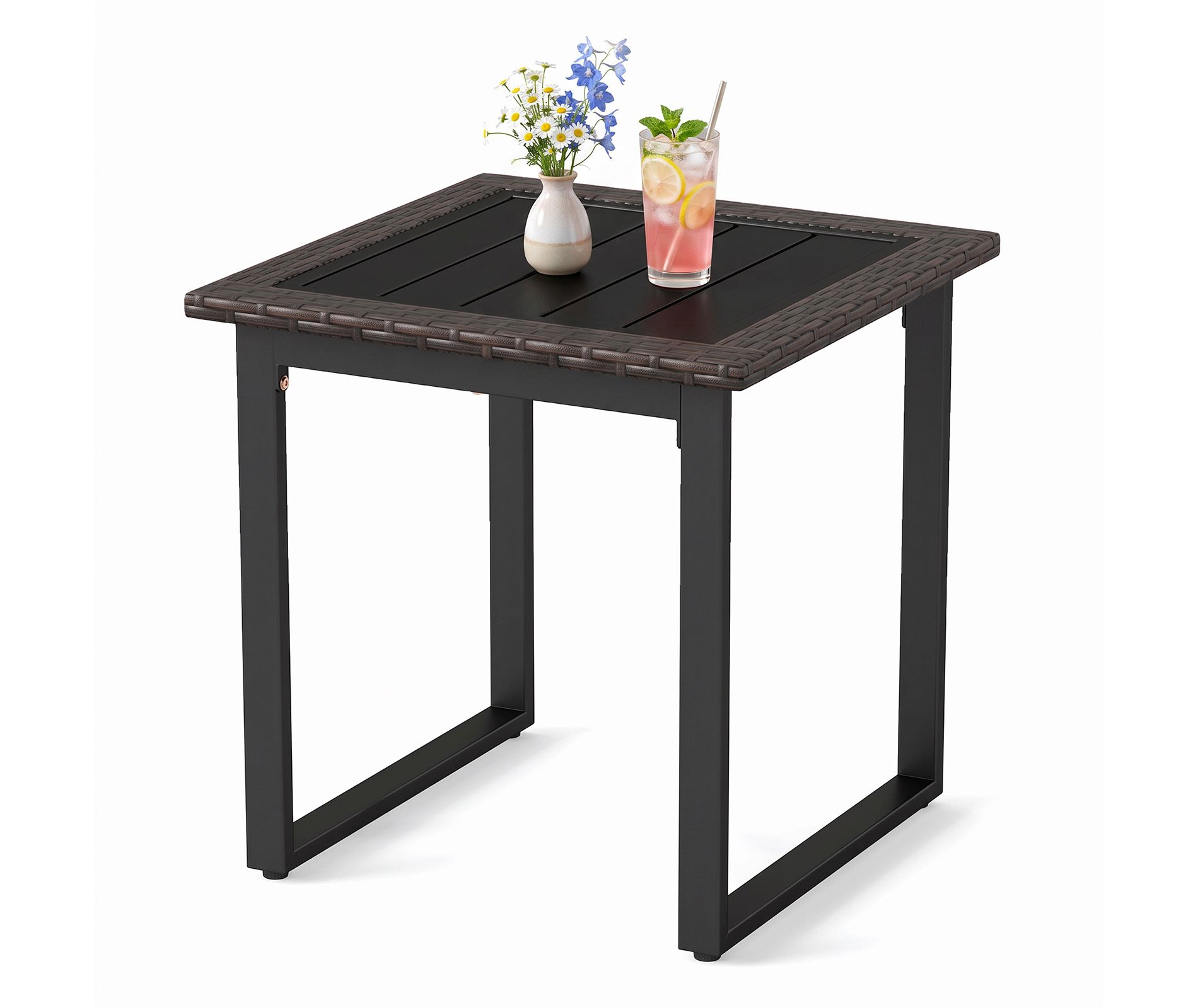 Costway 1 PCS 17.5" Outdoor End Table with Slatted Metal Tabletop, Adjustable Foot Pads for Porch