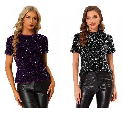 INSPIRE CHIC Women's Sequin Velvet Crew Neck Short Sleeve T-shirt 2 Packs
