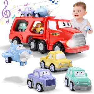 Skirfy 7 in 1 Construction Carrier Truck Transport Car Toys with Light and Sound, 6 Pull Back Cars, Vehicles Toys for Kids - 1 of 4