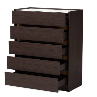 Walker Dark Brown Wood 5-Drawer Chest with Faux Marble Top