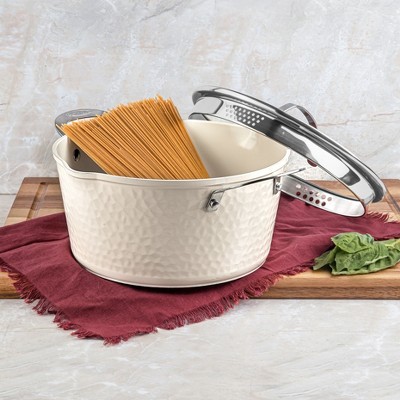Cream Hammered 15-Piece Ceramic Nonstick Cookware Set with Utensils