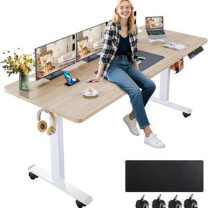 HOMDOX Elec-Standing Computer Desk Adjustable Height 63" × 24" Desk with outlet Rolling Wheels Dual-Beam Frame Mouse Pad Spliced Desktop Multifutnl - 1 of 4