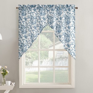 No. 918 2pc 54"x38" Elara Floral Print Semi-Sheer Rod Pocket Kitchen Curtain Swag Pair Indigo - 1 of 4