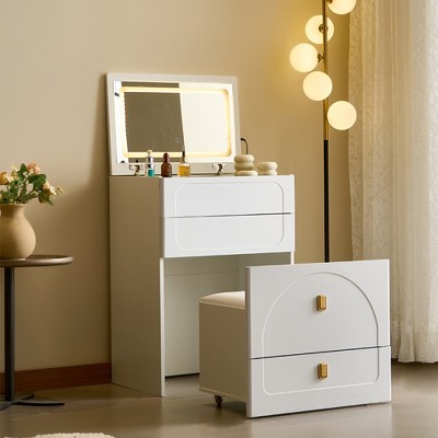 JUJABU 3-in-1 White Vanity Desk with Flip-Top Mirror, 3 Drawers, Cushioned Stool & Built-In Power Outlet
