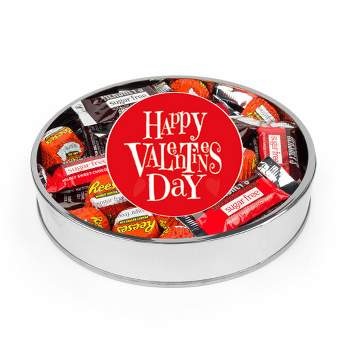 Valentine's Day Sugar Free Candy Gift Tin Large Plastic Tin with Red Sticker and Hershey's Chocolate & Reese's Mix - By Just Candy