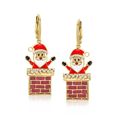 Ross-Simons 12.70 ct. t.w. Multi-Gemstone and Multicolored Enamel Santa in Chimney Drop Earrings in 18kt Gold Over Sterling
