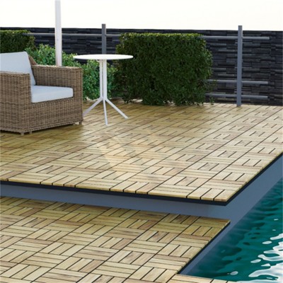 SKRAN Interlocking Deck Tiles Checker Pattern, Square Yellow Acacia Hardwood Outdoor Flooring for Patio, Bancony, Pool Side