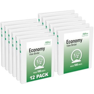 Office Essentials Economy View 3 Ring Binders, 0.5" Round Rings, 0.7" Spine, 100-Sheet Capacity, White Binders (12-Pack of 03422) - 1 of 4