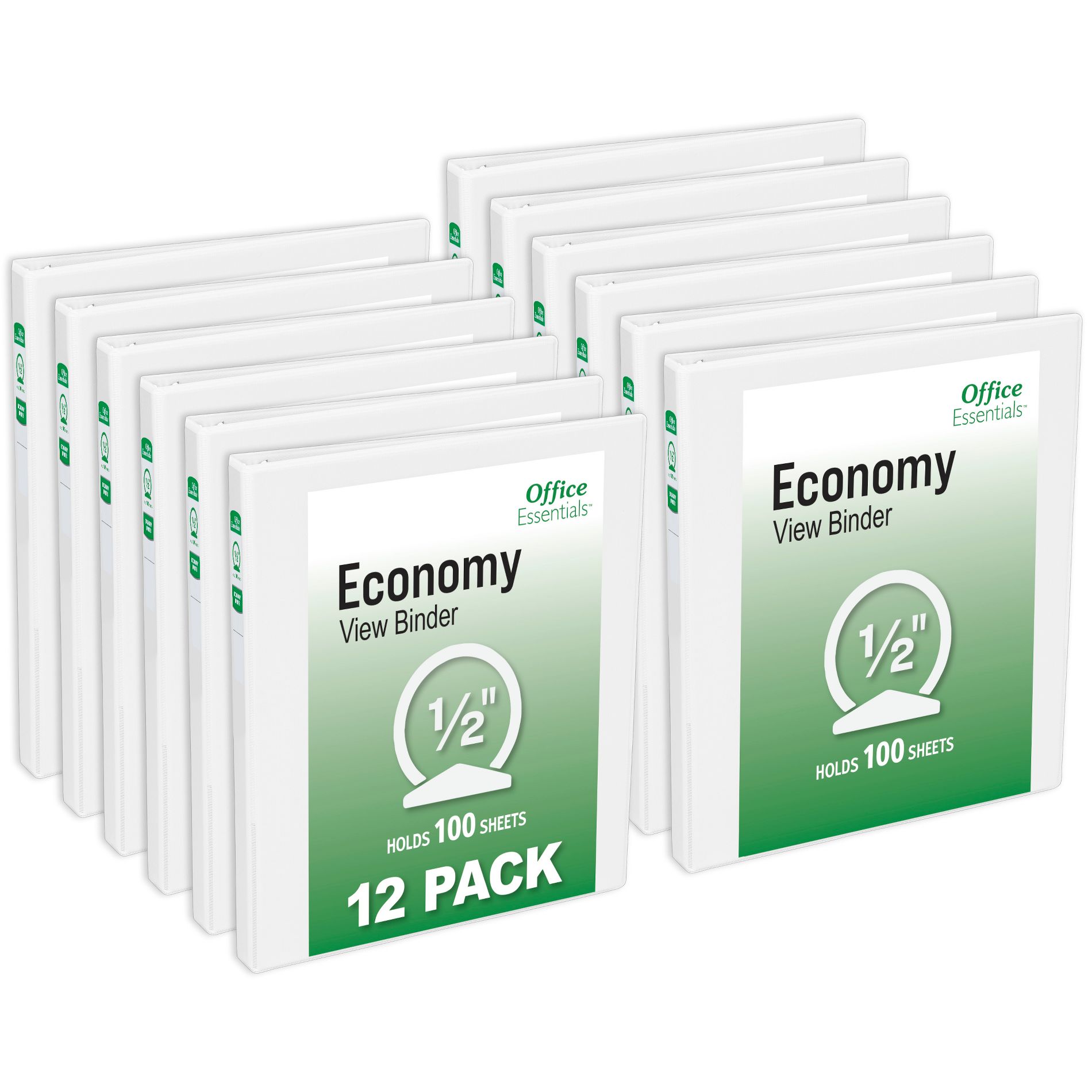 Office Essentials Economy View 3 Ring Binders, 0.5" Round Rings, 0.7" Spine, 100-Sheet Capacity, White Binders (12-Pack of 03422)