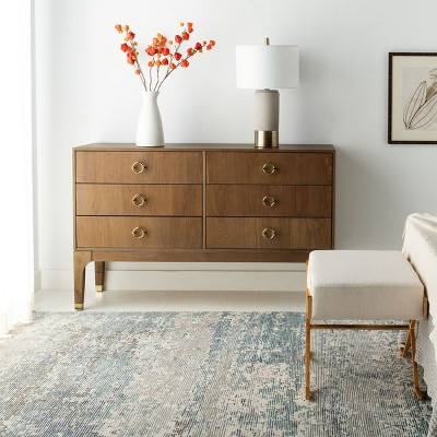 Rustic Oak 6-Drawer Transitional Dresser with Brass Hardware