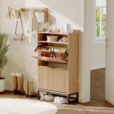Narrow Shoe Cabinet Storage for Entryway, Modern Fluted Shoe Rack Organizer with 2 Flip Drawers and an Open Shelf