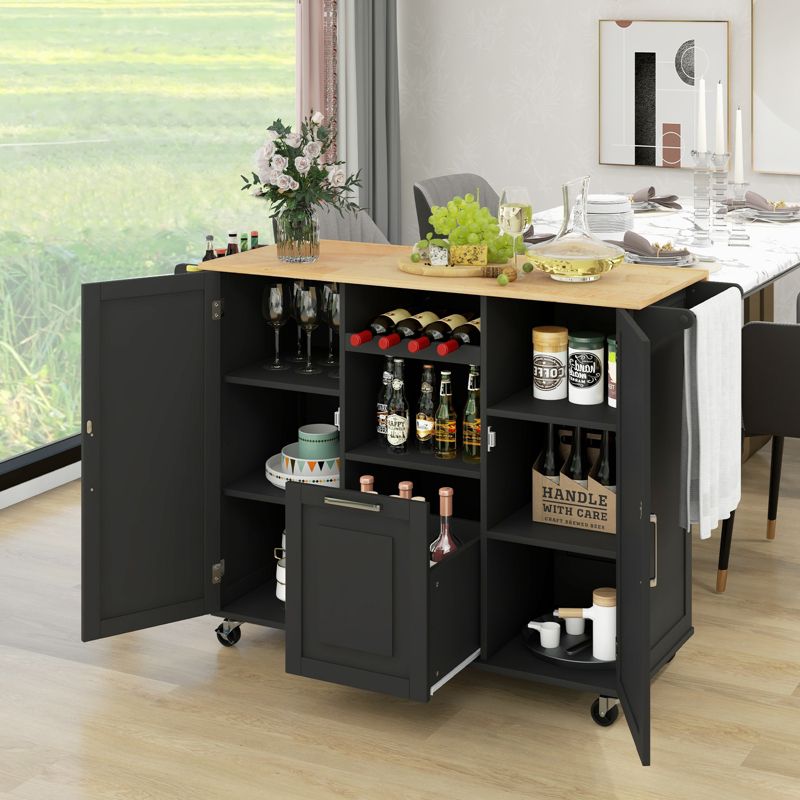 Costway Rolling Kitchen Island Utility Serving Cart with Drop Leaf Wine Rack Drawer, 3 of 11