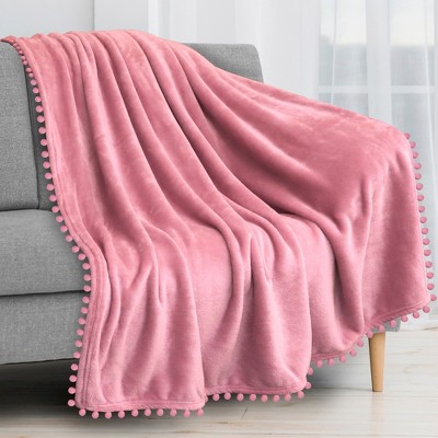 PAVILIA Fleece Pom Pom Blanket Throw for Sofa Bed, Soft Lightweight Pompom Fringe Blanket for Couch