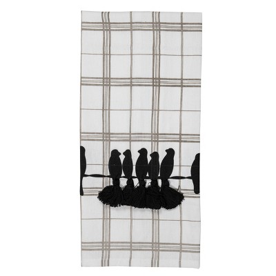 Black Silhouette Birds On a Wire w/ Tufted Tails Striped Plaid Cotton Tea Towel