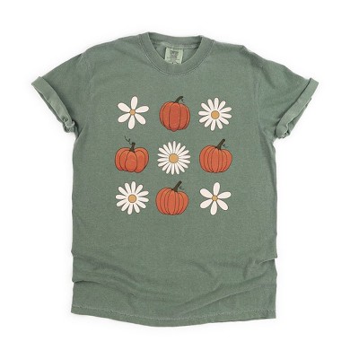 Simply Sage Market Women's Pumpkin Daises Checkered Short Sleeve Garment Dyed Tee