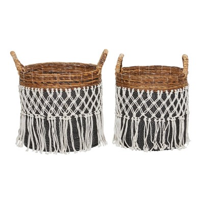 Set of 2 Black and Brown Wicker Bohemian Storage Baskets with Fringe